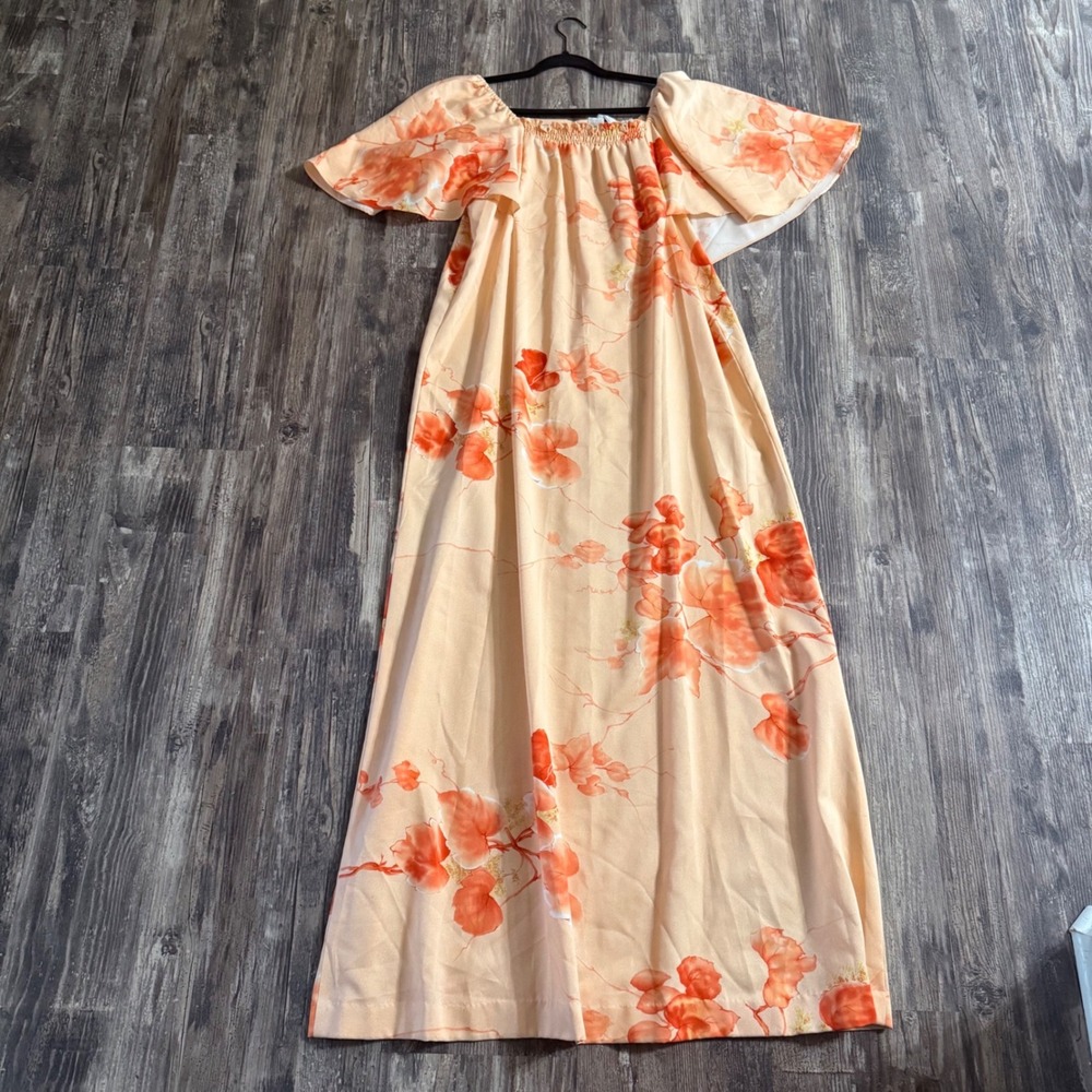 Malihini Hawaii Vintage Floral Muumuu Dress Peach Vacation Flutter Sleeve Sz 16 - Picture 6 of 12